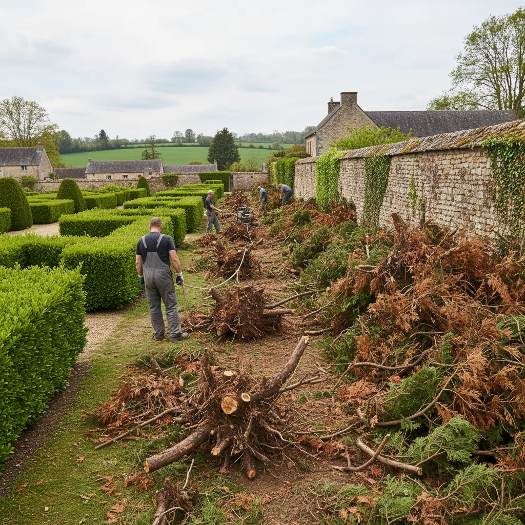 Arrachage d'une vieille haie de thuya en Charente